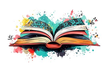 Open book of Quran with rosary from splash of watercolors. Muslim holiday, Eid Mubarak, Eid al-fitr, Ramadan Kareem. Hand drawn sketch. Vector illustration of paints