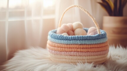 Obraz premium A handcrafted felt basket in pastel colors, displayed on a soft surface with a cozy ambiance for a home decor feel.