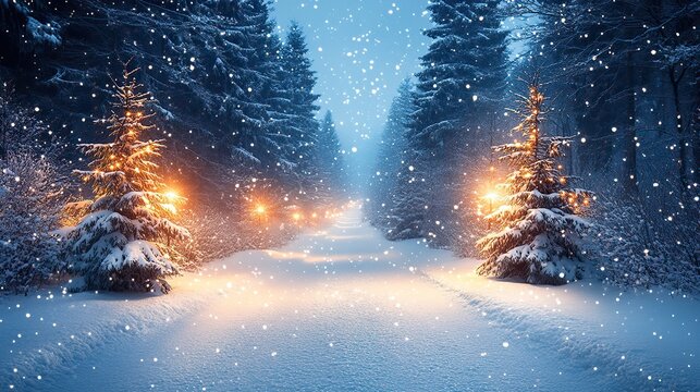 A snowy winter wonderland with twinkling lights and holiday decorations symbolizes holiday cheer, making it ideal for festive banners and greeting cards.