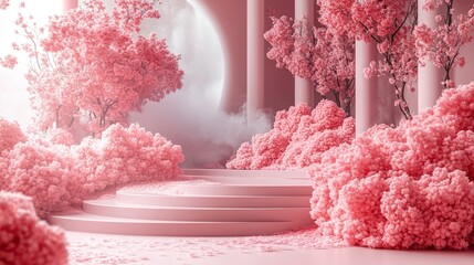 A soft, elegant podium background featuring pink cloud decorations, representing a mix of cultural celebrations and holiday sales promotions.