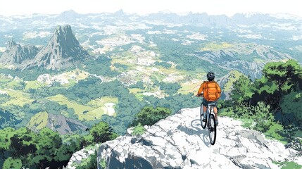 Fototapeta premium Bicyclist on Winding Mountain Road with Vast Landscape