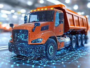 A futuristic orange dump truck visualized with digital elements, emphasizing technology and innovation in construction and transportation.