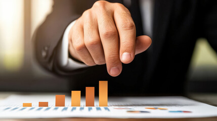 businessman analyzing data on computer screen, pointing at growth chart, showcasing success and progress in professional setting