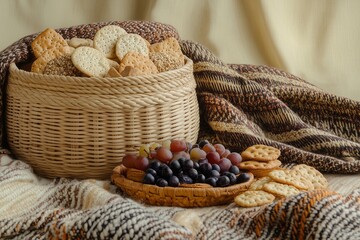 Obraz premium A large, flat woven basket used for serving snacks, set on a picnic blanket with delicious treats for a cheerful vibe.