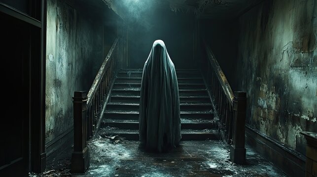 A spooky white ghost in an old dark room, designed as a scary Halloween costume party background for posters, banners, or invitations with ample copy space.