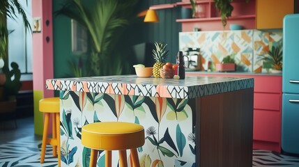 Obraz premium A maximalist kitchen island with a bold patterned surface, mismatched stools, and vibrant decor creating a lively culinary space.