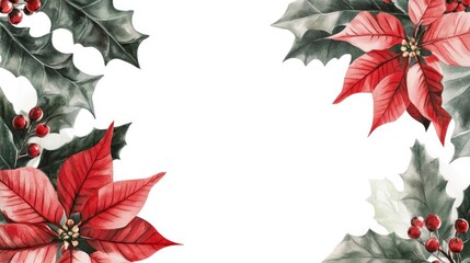 Fototapeta premium Red Poinsettia with Holly Leaves