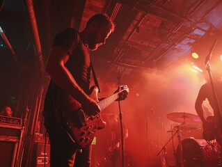A musician performs passionately on stage with dramatic lighting and smoke.
