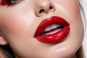 Obraz premium The portrait of focus on red lip, beautiful woman and her red lip, powerful cosmetics industry.