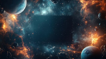 Cosmic Border Design featuring vibrant stars and planets, ideal for space-themed projects, with a blank center for customization.