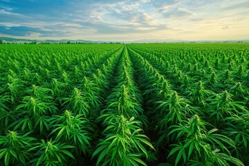 Aerial view of hemp growth patterns in rows, green landscape, naturedriven cultivation