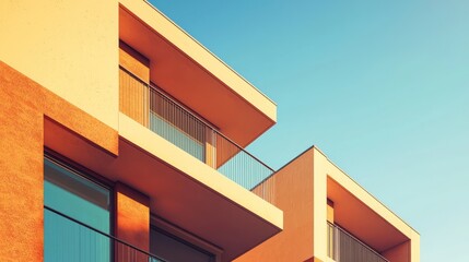 Light orange and brown architectural stock photo against a plain blue sky.