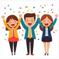 Fototapeta premium Three cheerful people celebrating with raised arms and confetti.
