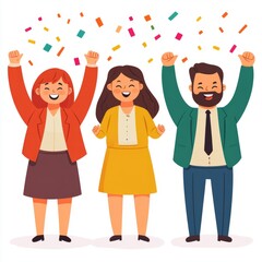 Obraz premium Three joyful people celebrating with raised arms and confetti.