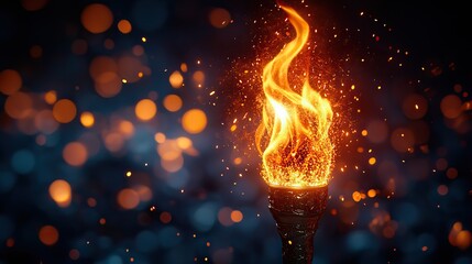 A symbolic torch with flames brightens a dark background filled with lights and sparks, capturing the powerful spirit of the Olympic Games' opening ceremony, ideal for victory banners.