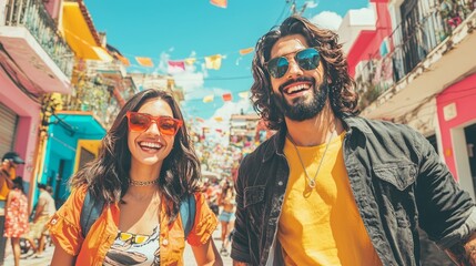 A joyful couple enjoying a vibrant street festival filled with colorful decorations.