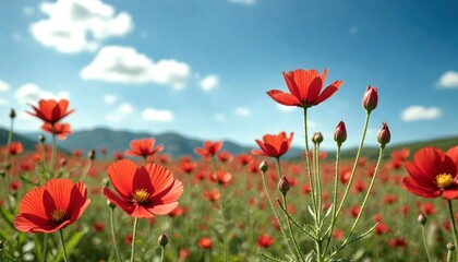 Fototapeta premium Cherry Red Wildflowers in Lush Field