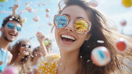 A group of friends celebrate carnival. Cheerful image of a woman in candy