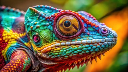 Obraz premium Closeup of a Captivating Chameleon Lizard Showcasing Vibrant Colors and Intricate Patterns in a Stunning Natural Environment