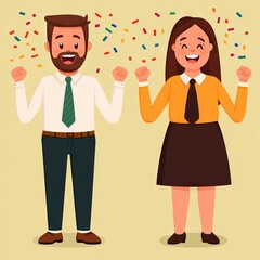 Two cheerful people celebrating with confetti and joyful expressions.