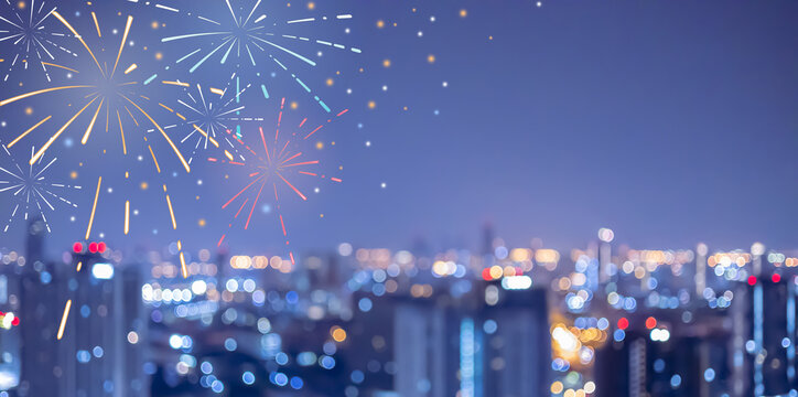 showing group of exploding fireworks bright light vibrant colorful and falling fire glitter on night sky background for happy new year festival concept
