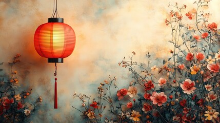 A traditional red lantern hanging against a floral backdrop, symbolizing cultural holiday celebrations, perfect for event invitations and festival designs.