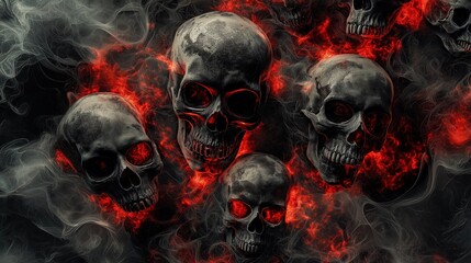 Pattern of skulls with smoke and fire on a dark background