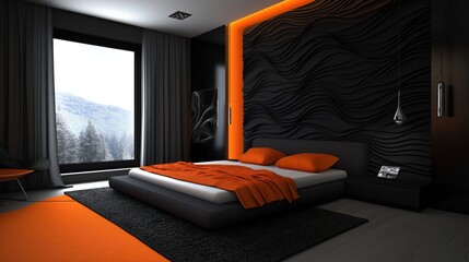 Modern bedroom with a gray and orange bed