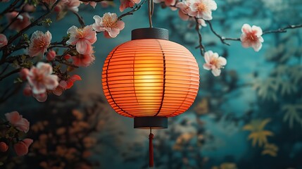 A traditional red lantern hanging against a floral background, symbolizing cultural festivals and celebrations, perfect for holiday event invitations.