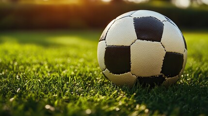 Fototapeta premium A traditional soccer ball sits on a grassy field, symbolizing the energy and excitement of world championship football matches.