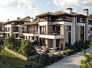 Fototapeta premium Bulgarian seaside village featuring chic townhouses with contemporary designs.