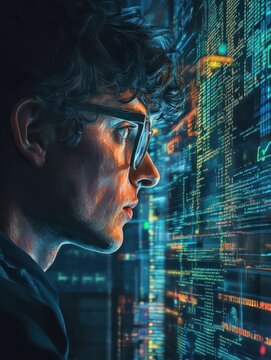 A focused programmer working late at night, surrounded by lines of code, looking at a large screen displaying programming code.