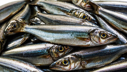 Fototapeta premium Mackerel fish on market table for sell. Sea mackerel on display. Raw sea food ingredient. Grey and silver fishes from fisherman's catch. Healthy
