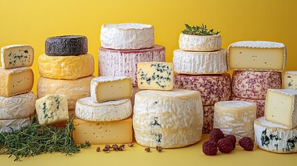 A vibrant assortment of gourmet cheeses displayed on a yellow background, featuring varieties like Camembert and blue cheese, ideal for food promotions.