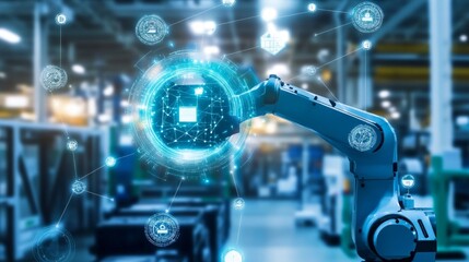 Fototapeta premium AI in cybersecurity represented by a digital lock and neural network background.