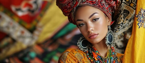 Fototapeta premium A young woman with a colorful head scarf and jewelry looks intently at the camera.