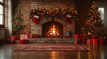 Festive Christmas Home Decor, Fireplace Adorned with Gift Wrappings
