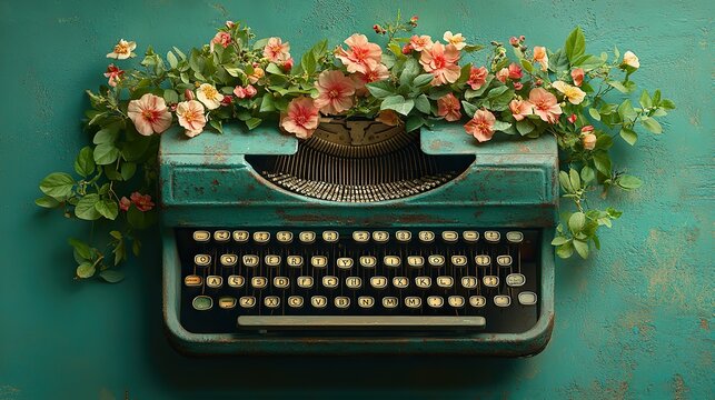 A vintage typewriter decorated with wildflowers and leaves on a light teal background, evoking romantic writer or retro technology themes.