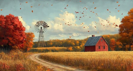 A vintage-style rural landscape with a windmill and wheat field, perfect for autumn harvest-themed posters, banners, or greeting cards with an old-fashioned farm scene.