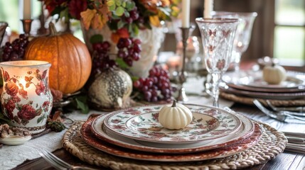 Naklejka premium Autumnal Table Setting with White Pumpkin Centerpiece