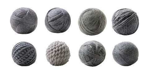 Various Gray Yarn Balls on Transparent Background