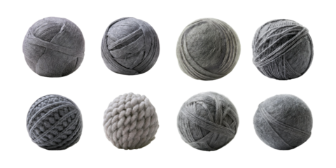 Various Gray Yarn Balls on Transparent Background