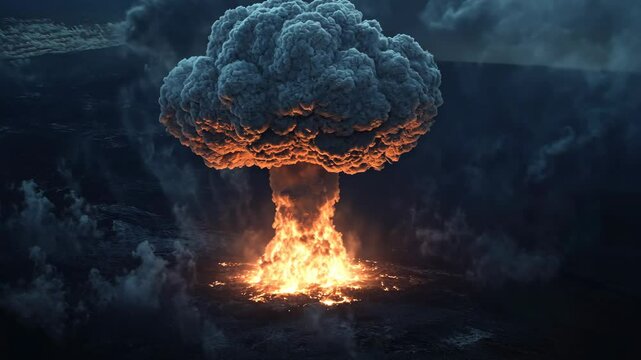 Nuclear explosion. Vector art of the atomic bomb. Huge mushroom cloud. Explosive destruction. Toxic radioactivity.Fear of nuclear war. Catastrophic event. World war. Nagazaki town. Horro history.