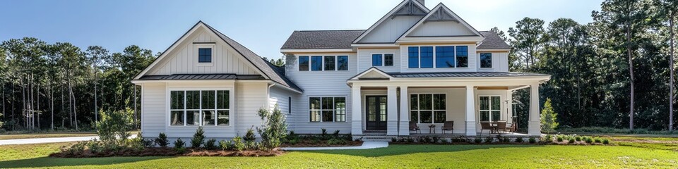Sunny front yard view of a two-story Georgian home with white siding and sapphire windows.