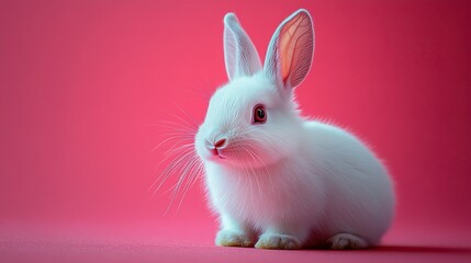 Fototapeta premium A white rabbit on a pink background offers a minimalist and cute Easter-themed design with copy space for holiday cards or posters.
