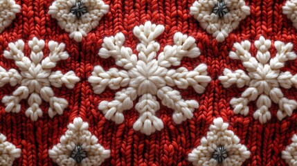 A white snowflake pattern on a red background, designed as a seamless knitting texture for cozy winter-themed posters, banners, or fabric designs for New Year or Christmas.