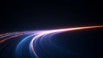 Abstract light trails creating a curved path against a dark background.