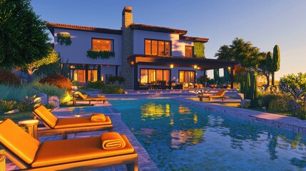 Evening ambiance at a vibrant house with a pool and amber seating.