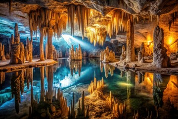 Enigmatic Cave with Glowing Stalagmites and Reflective Pool - Surreal Nature Photography