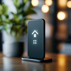 A sleek, modern smart home device glows softly against a blurred background with warm lighting and greenery, perfect for showcasing technology in contemporary interiors or home automation concepts,